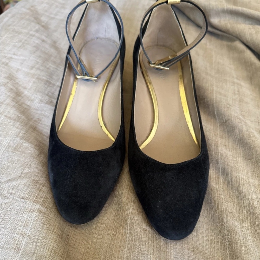 Chloe Black and Gold Ankle Strap Flats